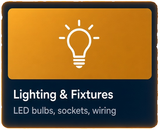 Lighting and fixtures. LED bulbs, sockets, wiring.