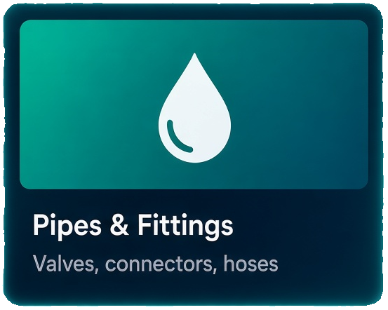 Pipes and fittings. Valves, connectors, hoses.